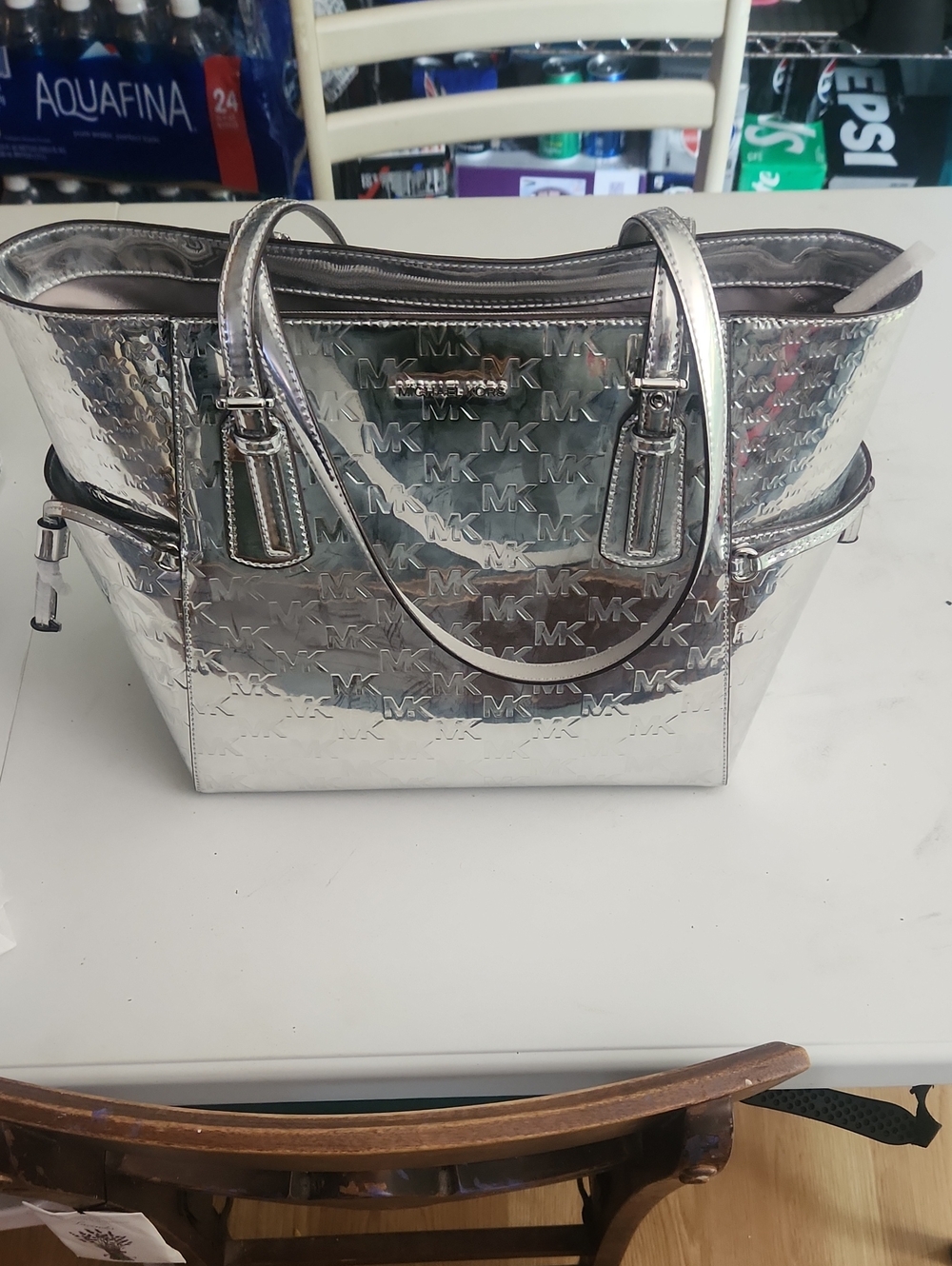 Michael Kors Metallic Silver MK Logo Tote New With Tags NWT